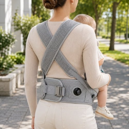 Porte-bébé avec siège détachable gris, vue arrière avec bretelles croisées et molette de réglage