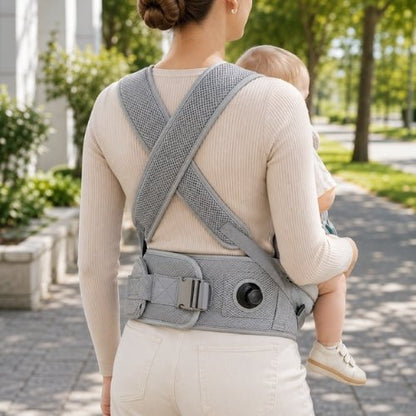 Porte-bébé avec siège détachable gris, vue arrière avec bretelles croisées et molette de réglage