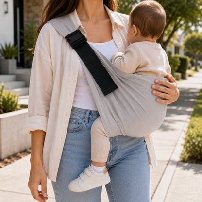 Porte bébé bandoulière gris avec boucle réglable, port latéral en extérieur