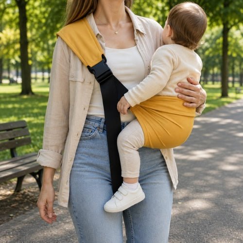 Porte bebe bandouliere jaune moutarde avec boucle réglable, port latéral dans un parc