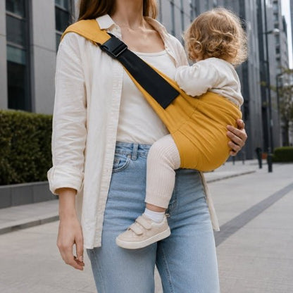 Porte bébé bandoulière jaune moutarde avec boucle de réglage, port latéral en ville