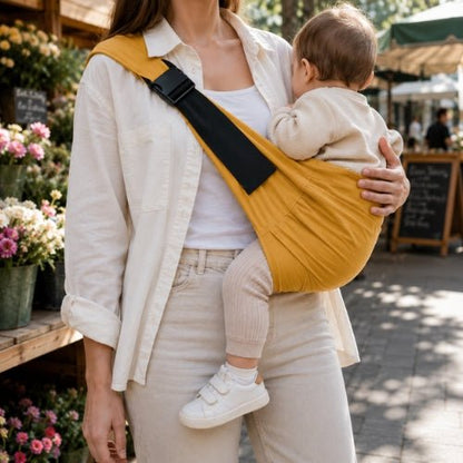 Bandouliere porte bebe jaune moutarde avec boucle réglable, port latéral au marché