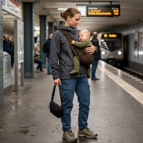 Porte bebe bandouliere leopard avec boucle réglable, porté dans une station de métro