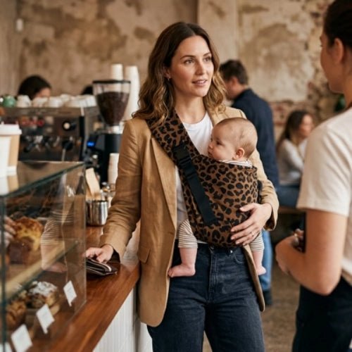 Porte bebe bandouliere leopard avec boucle réglable, utilisé dans un café