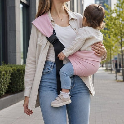 Porte bébé bandoulière rose avec boucle de réglage, port latéral en ville