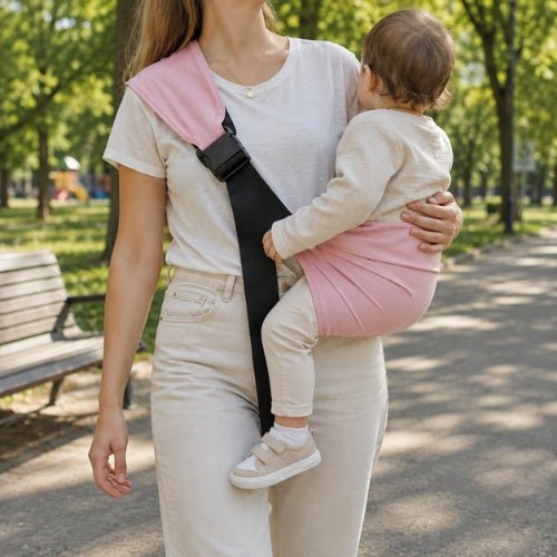 Bandouliere porte bebe rose avec boucle réglable, port latéral dans un parc