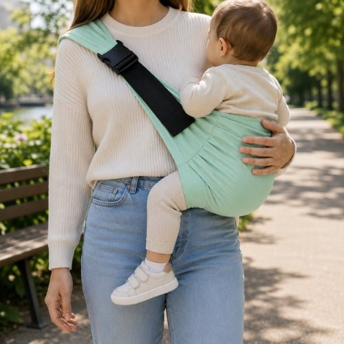 Porte bébé bandoulière vert menthe avec boucle réglable, port latéral dans un parc