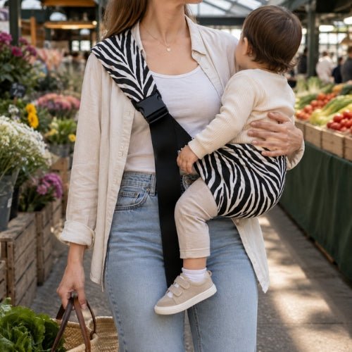 Porte bébé bandoulière zébré noir et blanc avec boucle réglable, port latéral au marché