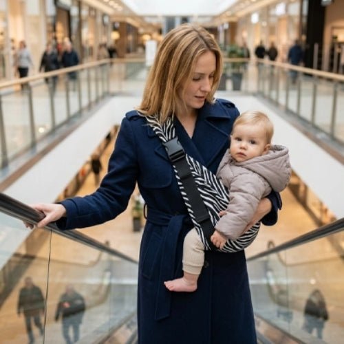 Porte bébé bandoulière zébré noir et blanc avec boucle réglable dans un centre commercial
