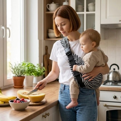 Bandouliere porte bebe zébré noir et blanc avec boucle réglable, port latéral dans une cuisine