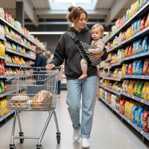 Porte bebe bandouliere zébré noir et blanc avec boucle réglable, utilisé au supermarché