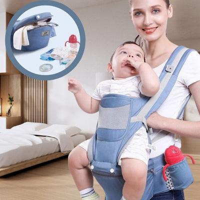 Porte bébé bleu SnugFit avec conception ergonomique, offrant un soutien optimal pour le dos et un portage prolongé sans inconfort