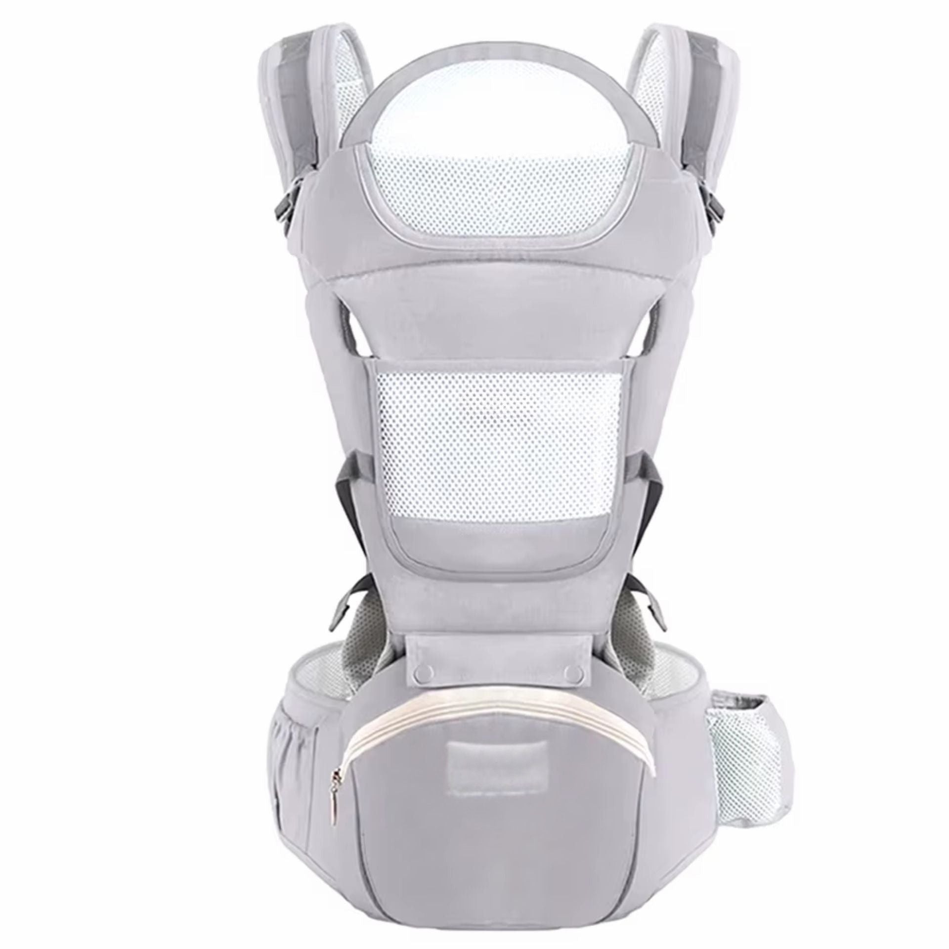 Porte bébé vu de face avec sangles épaules ajustées et design ergonomique