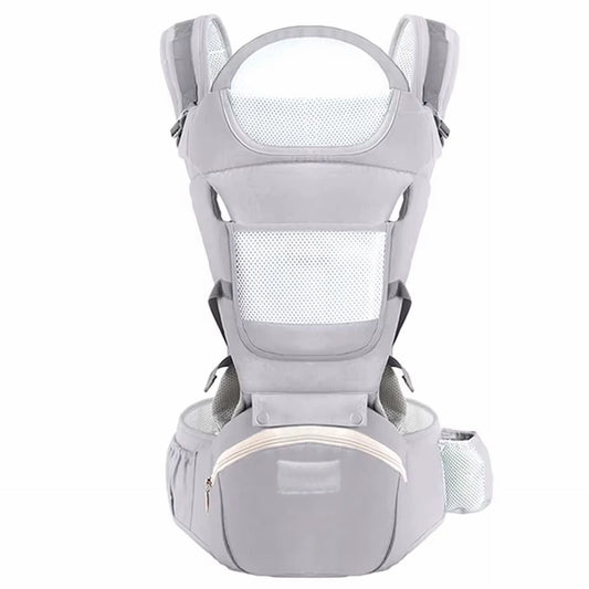 Porte bébé vu de face avec sangles épaules ajustées et design ergonomique