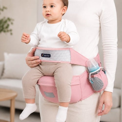 Porte bebe cote hanche rose avec siège large et porte-biberon latéral