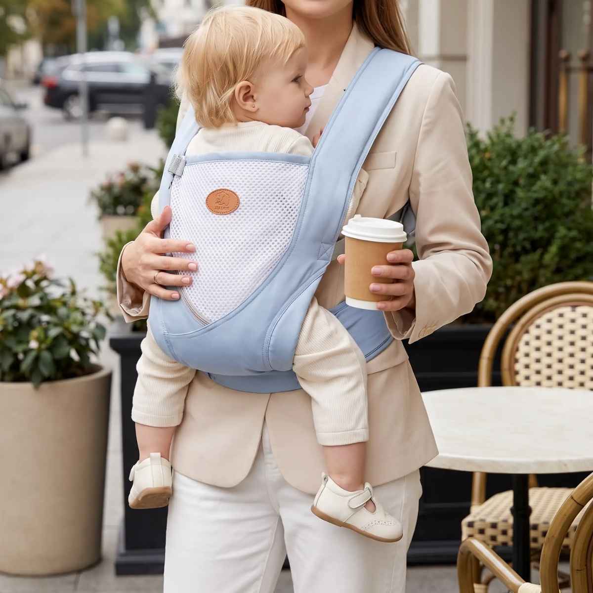 Porte-bébé croisé dans le dos bleu clair avec bretelles larges et panneau en maille, porté face au porteur près d’un café