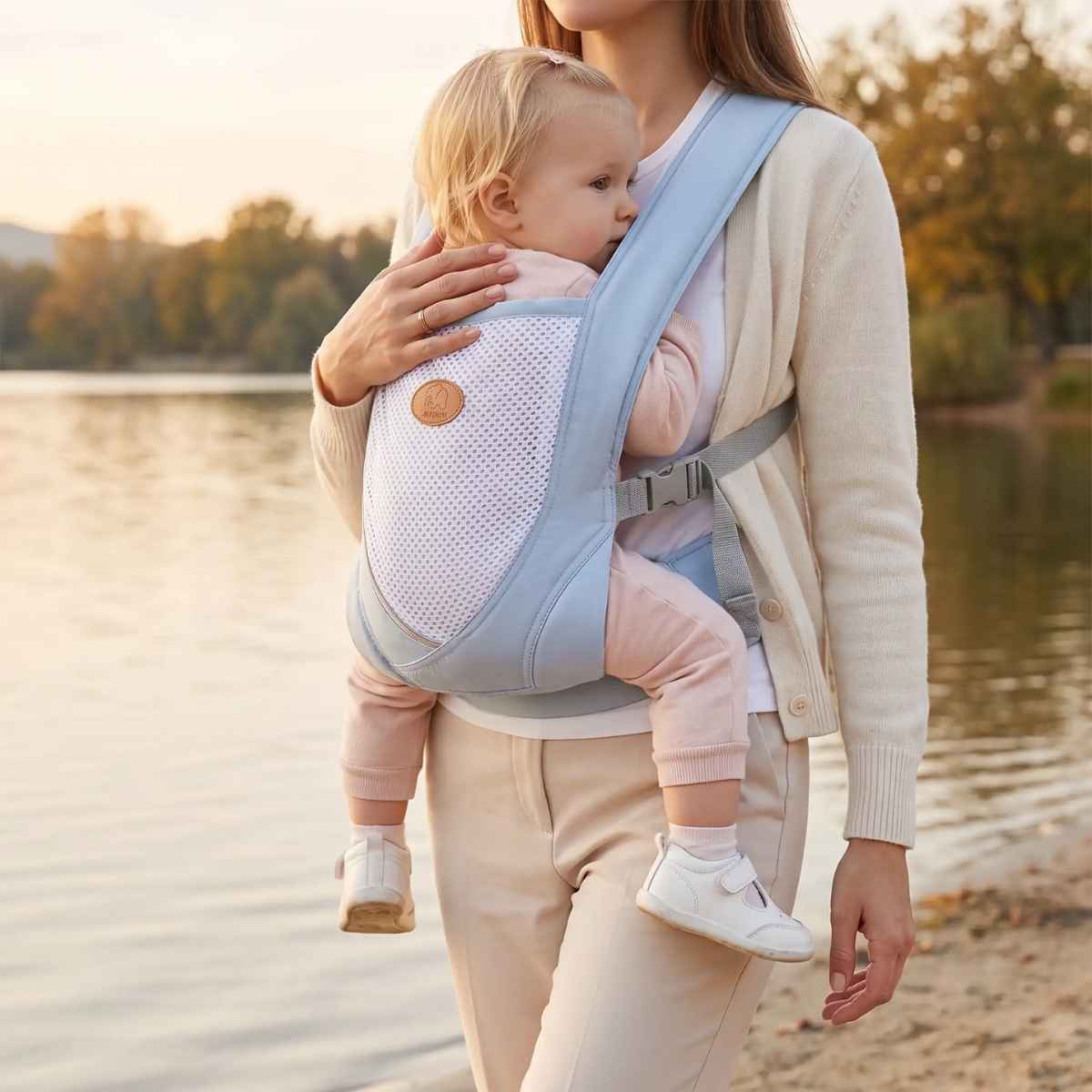 Porte-bébé croisé dans le dos bleu clair avec bretelles larges et panneau en maille, porté face au porteur près d’un lac