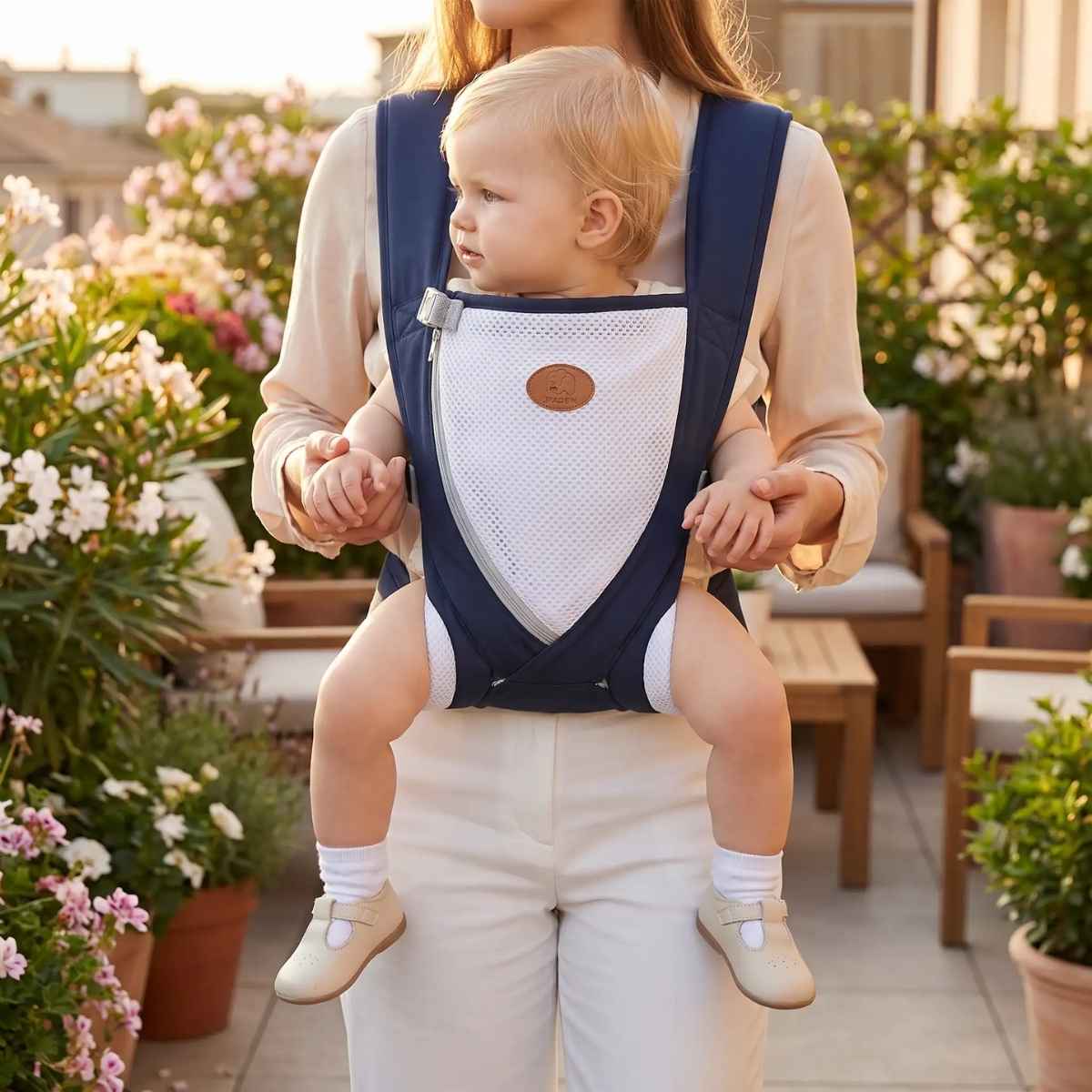 Porte-bébé croisé dans le dos bleu marine avec bretelles larges et panneau en maille, porté face vers l’avant sur terrasse