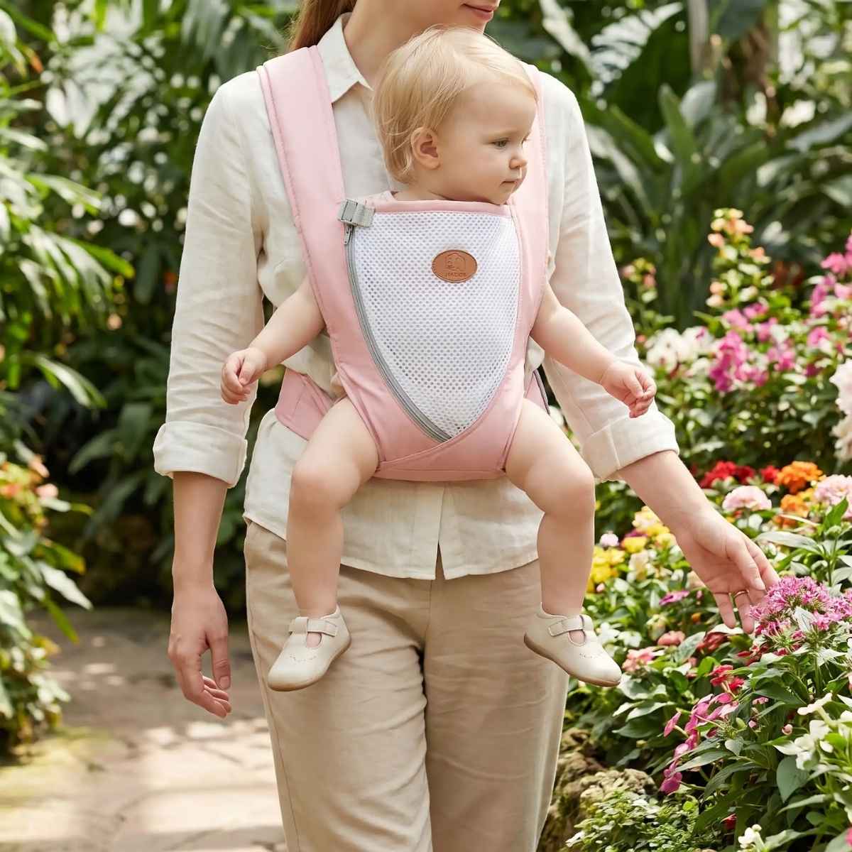 Porte-bébé croisé dans le dos rose avec bretelles larges et panneau en maille, porté face vers l’avant dans un jardin