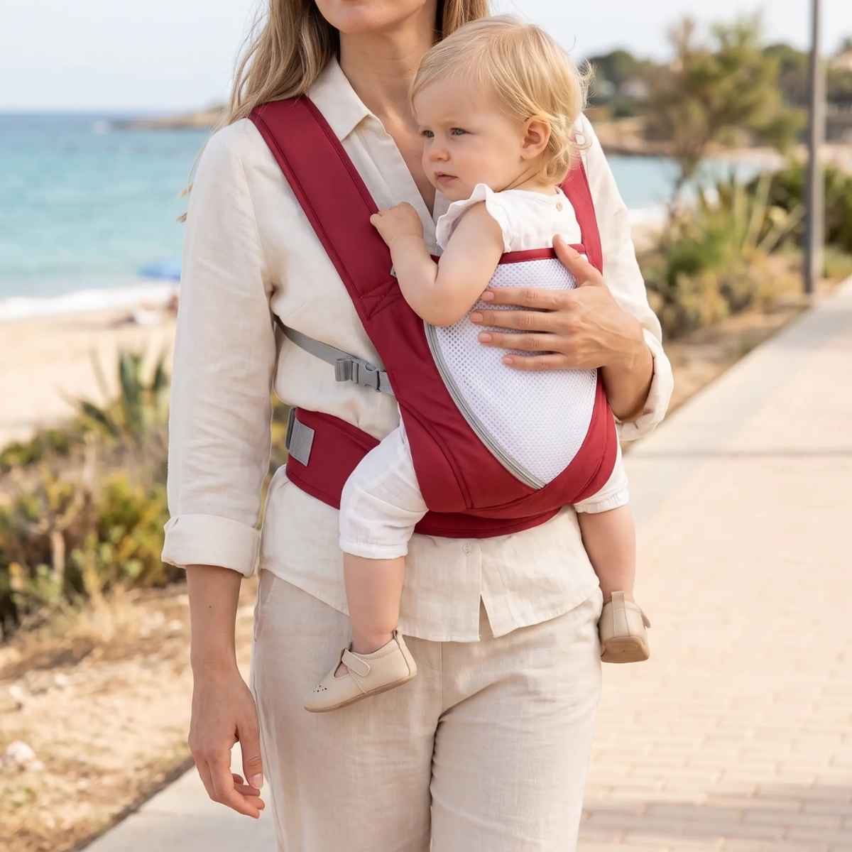 Porte-bébé croisé dans le dos rouge avec bretelles larges et panneau en maille, porté face au porteur près de la plage