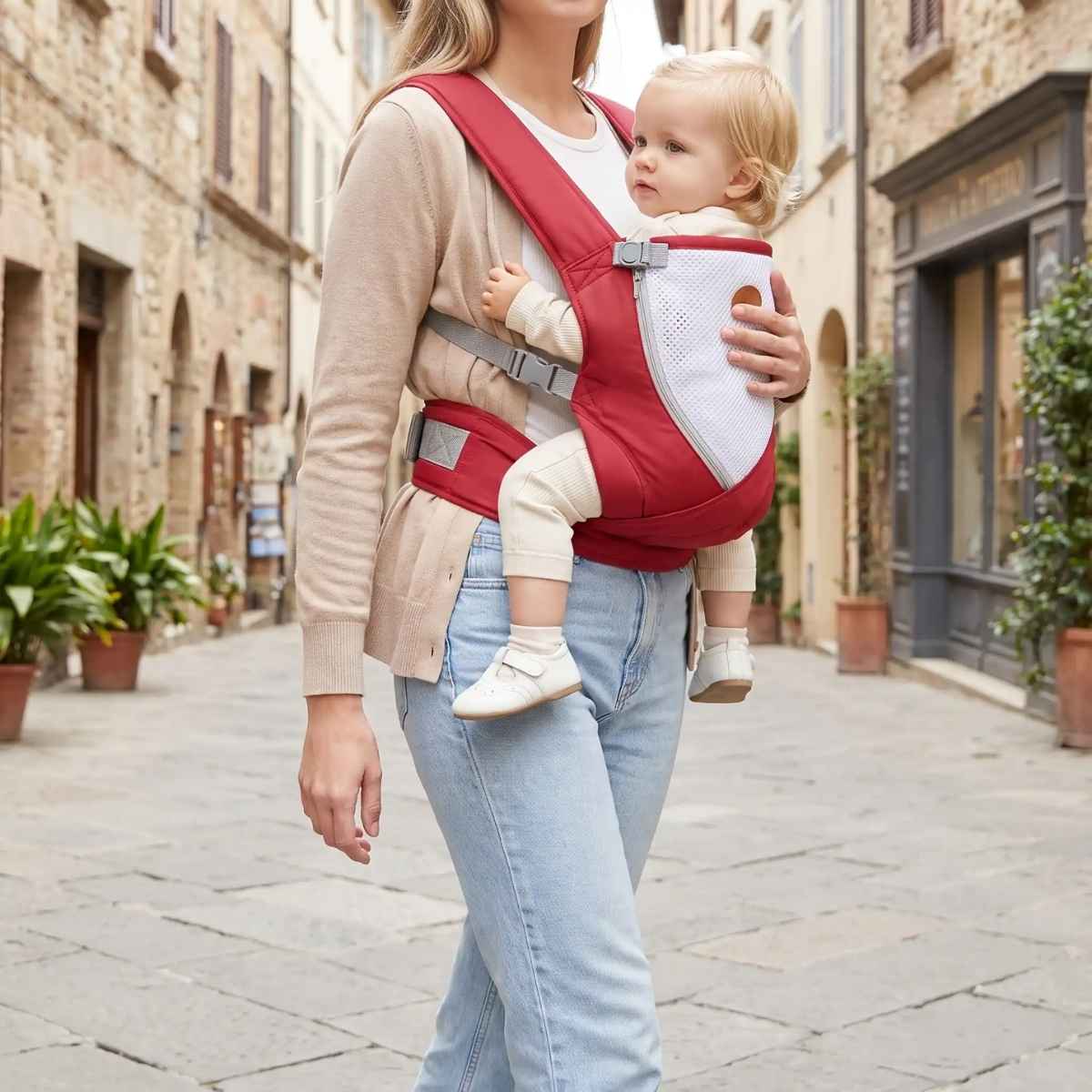 Porte-bébé croisé dans le dos rouge avec bretelles larges et panneau en maille, porté face au porteur dans une rue
