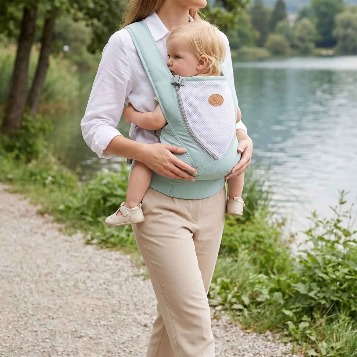 Porte-bébé croisé dans le dos vert d’eau avec bretelles larges et panneau en maille, porté face au porteur près d’un lac