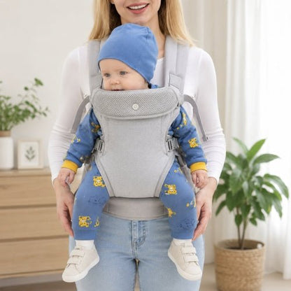 Porte bebe devant gris clair porté devant, vue de face avec bretelles rembourrées