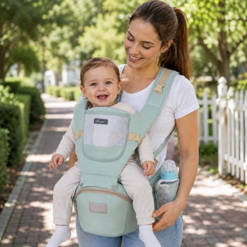 Porte bebe evolutif vert eau porté en extérieur avec bébé en position ventrale