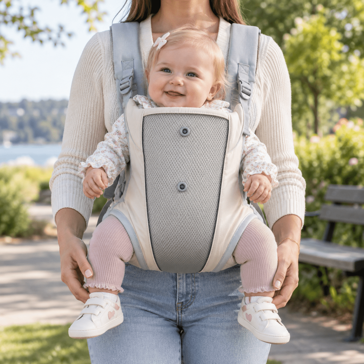 Porte-bébé facile à enfiler beige clair et gris, vue de face en extérieur avec bébé