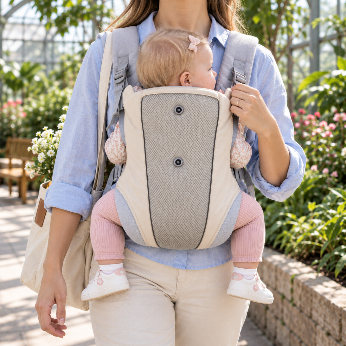 Porte-bébé facile à enfiler beige clair et gris, vue de face en extérieur avec bretelles visibles