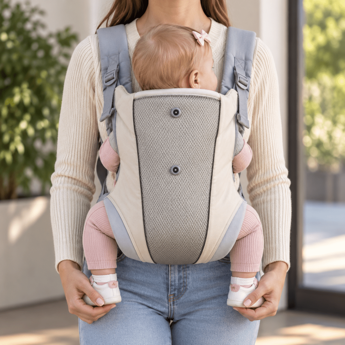 Porte-bébé facile à enfiler beige clair et gris, bébé face au porteur avec panneau visible