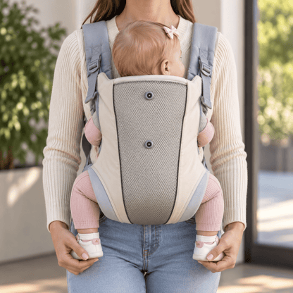 Porte-bébé facile à enfiler beige clair et gris, bébé face au porteur avec panneau visible