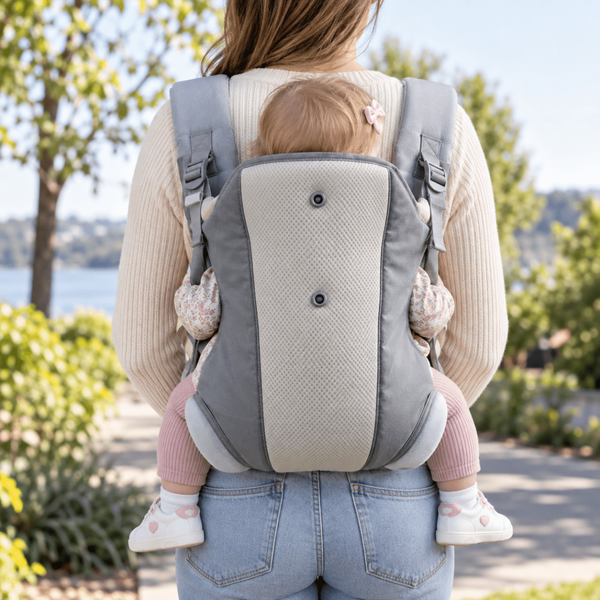 Porte-bébé facile à enfiler gris, vue arrière avec bébé et panneau central en maille