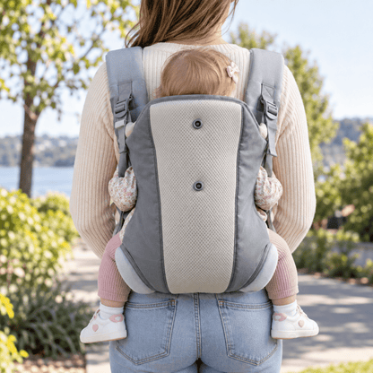 Porte-bébé facile à enfiler gris, vue arrière avec bébé et panneau central en maille