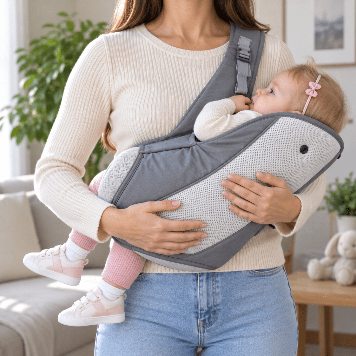 Porte-bébé facile à enfiler gris, bébé porté en position horizontale avec panneau en maille