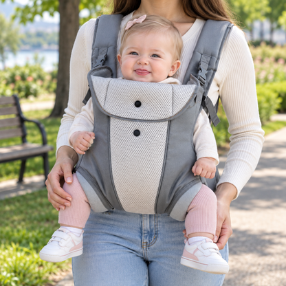 Porte-bébé facile à enfiler gris, vue de face avec panneau en maille et bébé