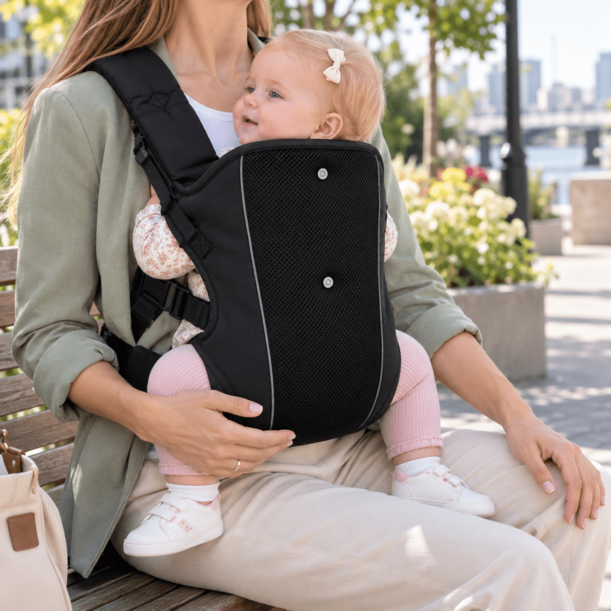 Porte-bébé facile à enfiler noir, vue de profil en extérieur avec bébé
