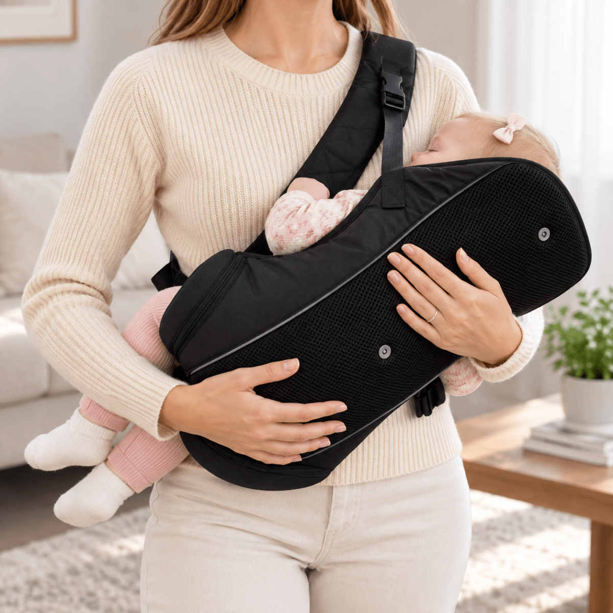 Porte-bébé facile à enfiler noir, vue latérale avec bébé et panneau central en maille
