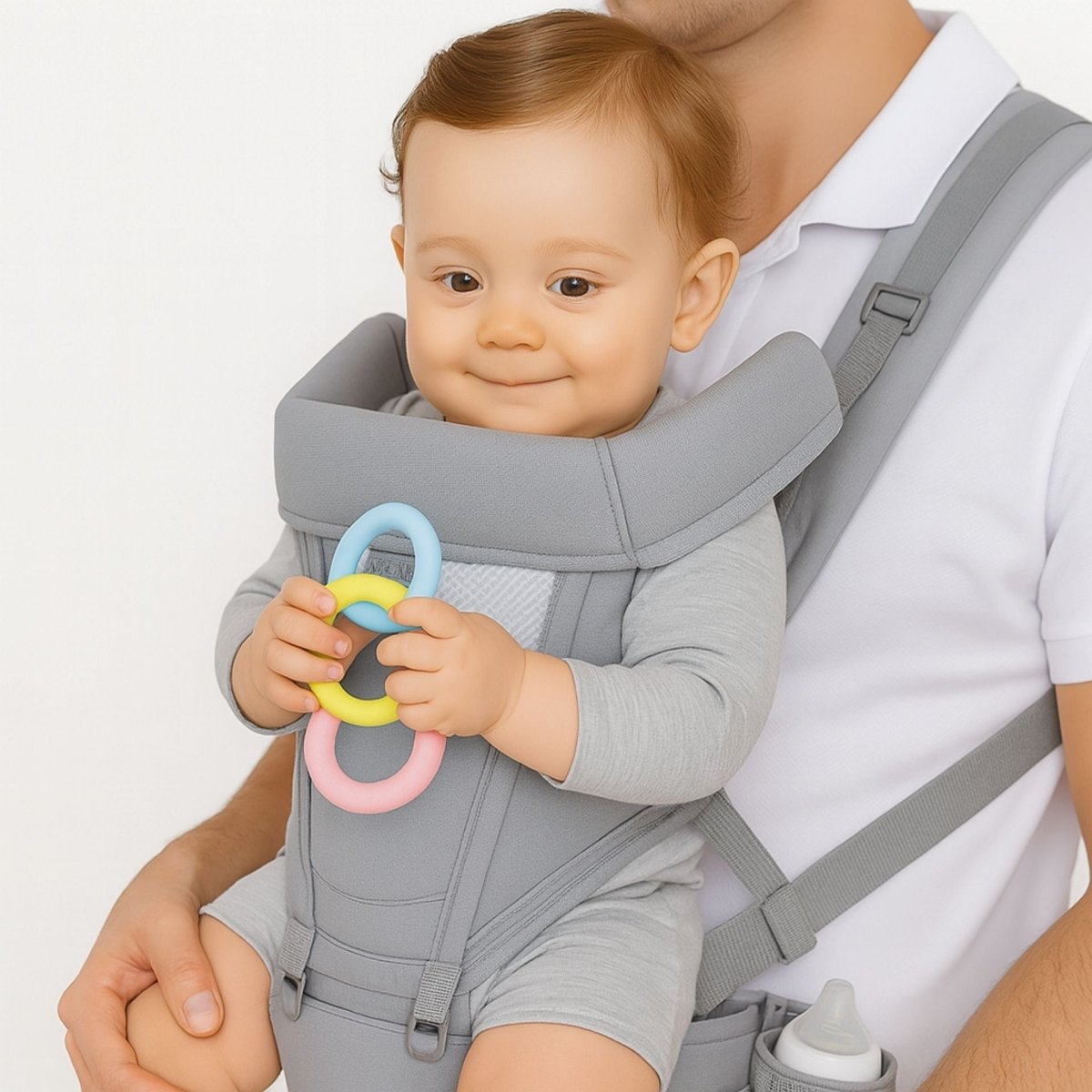 porte bébé gris avec bébé jouant avec un hochet coloré