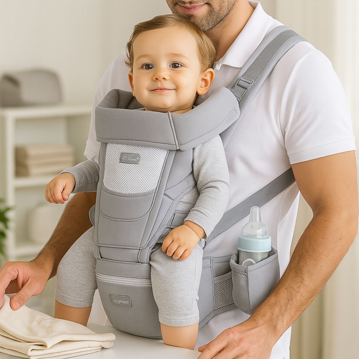 porte bébé gris avec bébé installé à la maison près d’un plan de travail