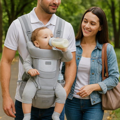 porte bébé gris clair avec bébé buvant un biberon en promenade