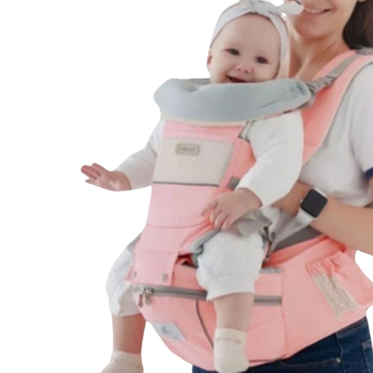 porte bébé rose doux avec coussin cervical et bébé souriant