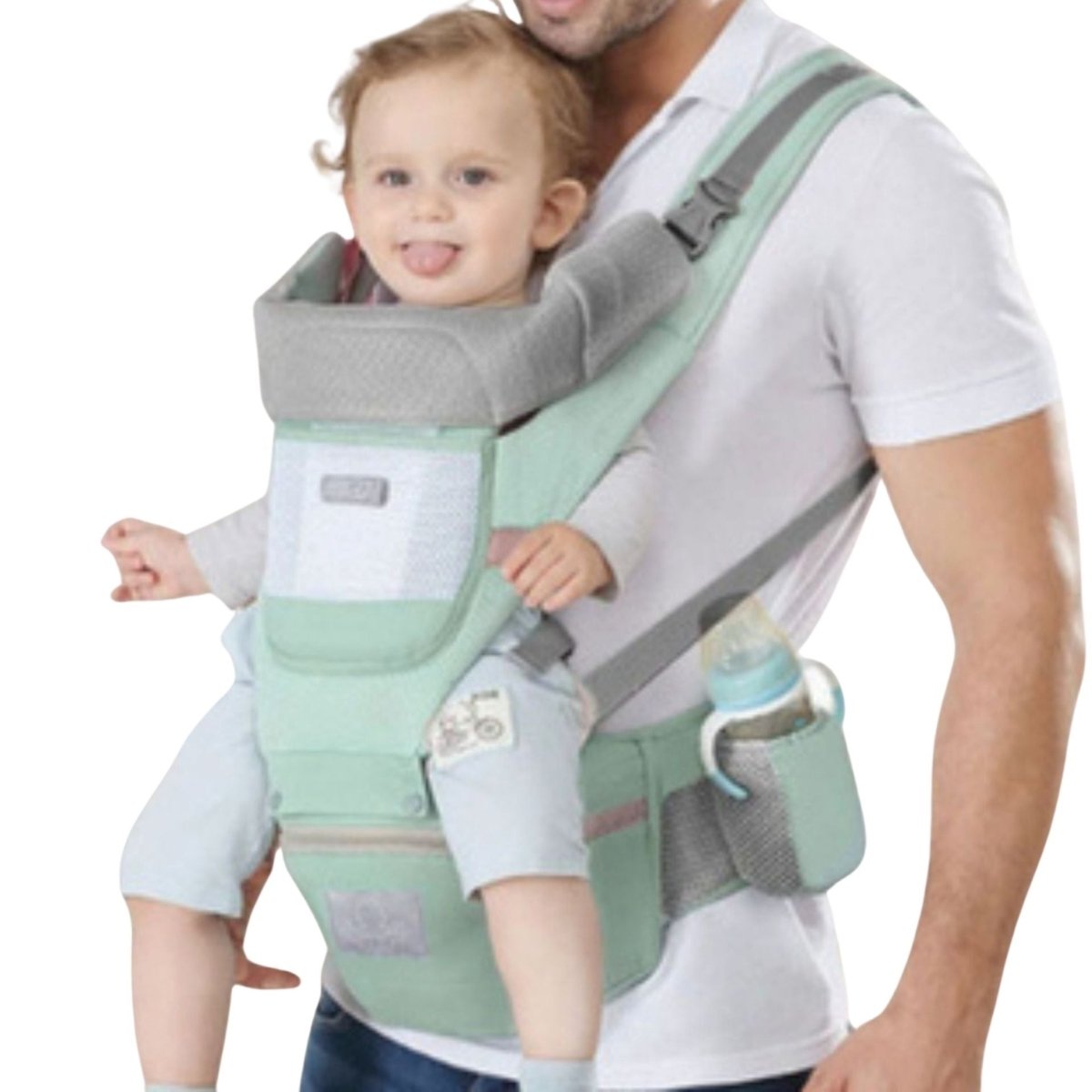 porte bébé vert pastel avec assise renforcée et poche biberon