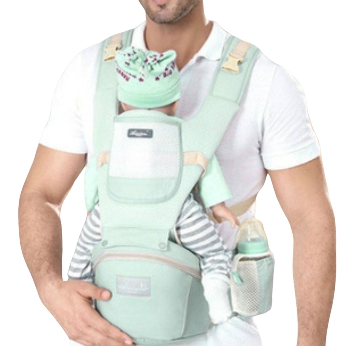 porte bébé vert clair avec bébé en position face parent