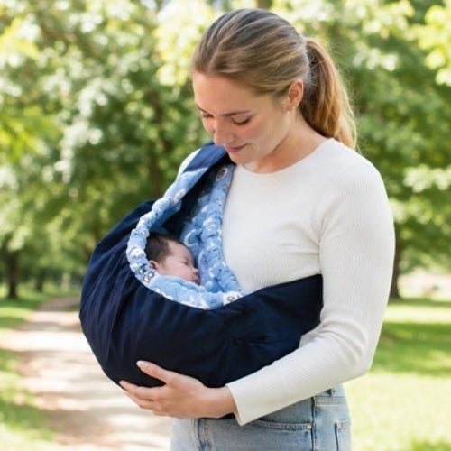 Porte bébé hamac bleu marine avec contour rembourré et sangle réglable, position horizontale dans un parc
