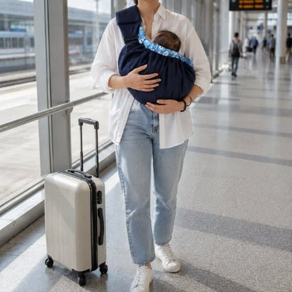 Porte bébé hamac bleu marine avec contour rembourré et sangle réglable, utilisé dans un aéroport