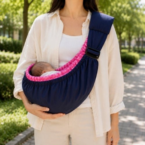 Porte bébé hamac bleu marine avec intérieur rose à carreaux, contour rembourré et sangle réglable dans un parc