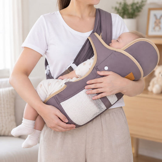 Porte-bébé horizontal taupe avec maille blanche en portage horizontal 0 à 3 mois