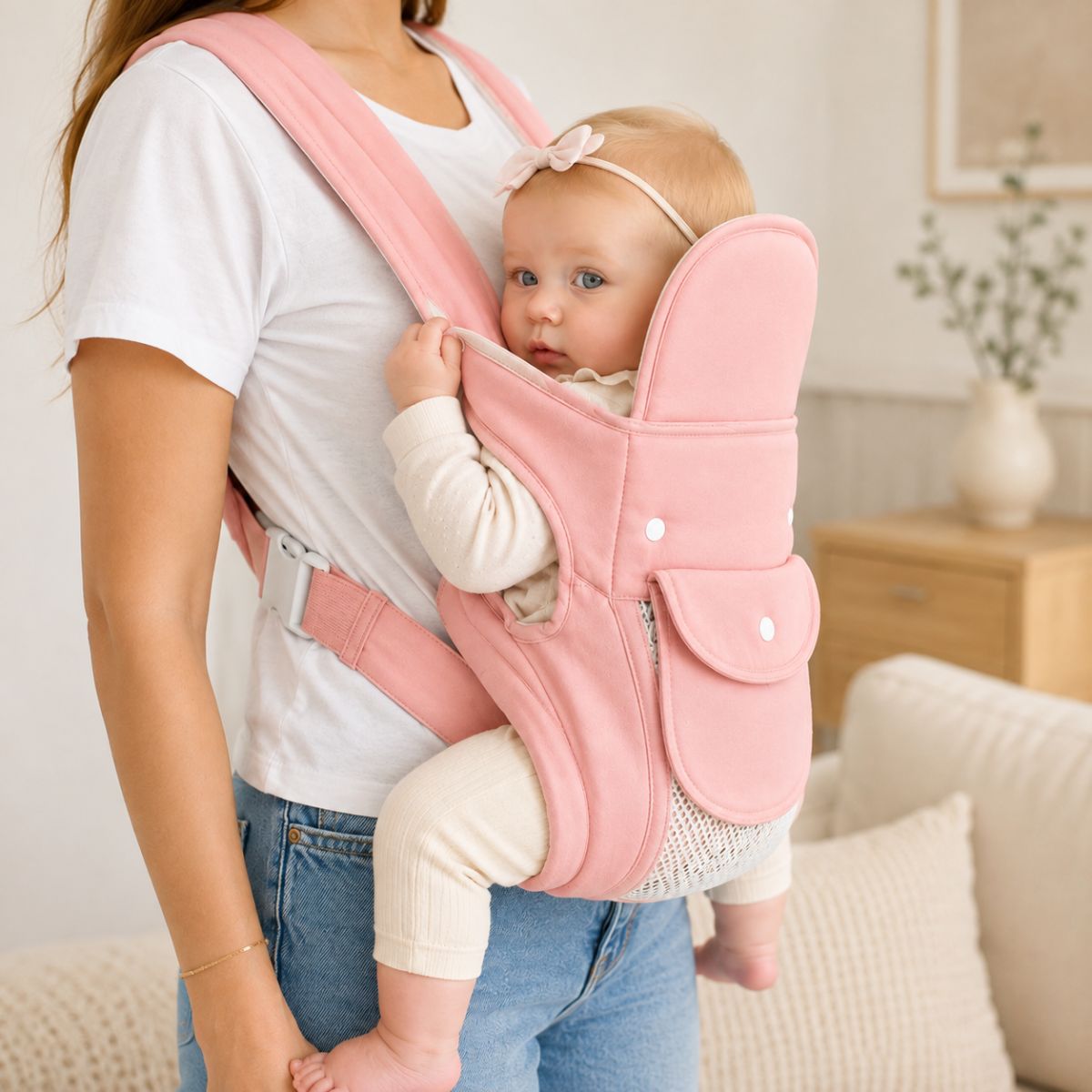 Porte-bébé multiposition rose avec panneau relevable et poche frontale, porté face au parent en intérieur