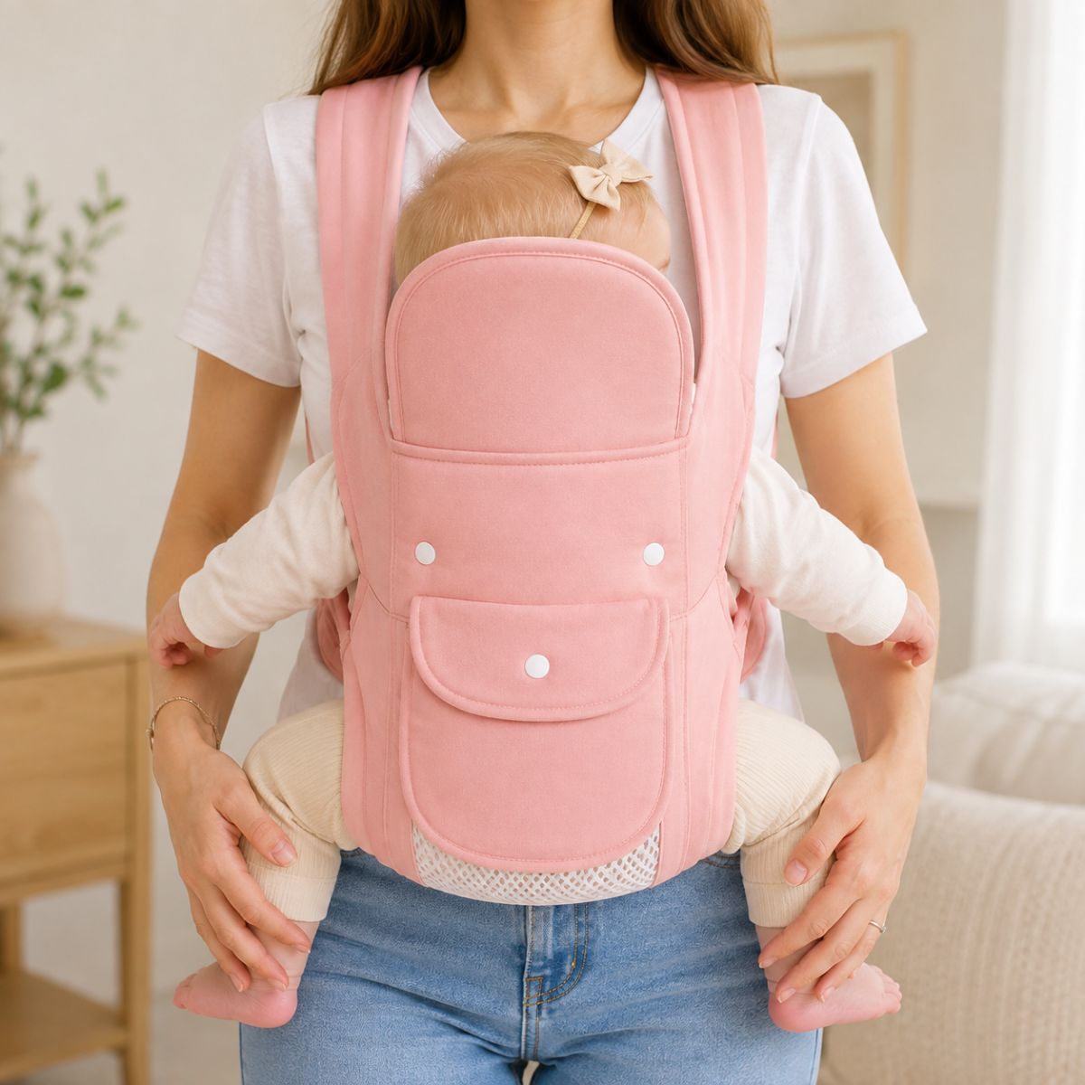 Porte-bébé multiposition rose avec panneau relevable et poche frontale, bébé face au porteur en intérieur